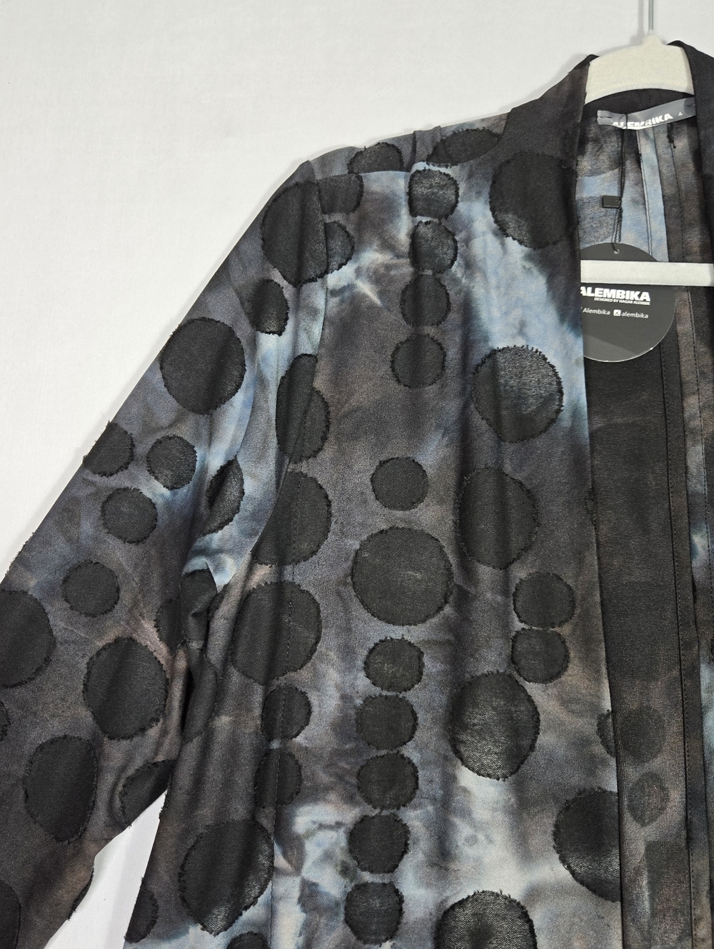 Alembika Knit Open Front Drape Swing Jacket Size 12 14 Black Grey Circle Print - Picture 10 of 16